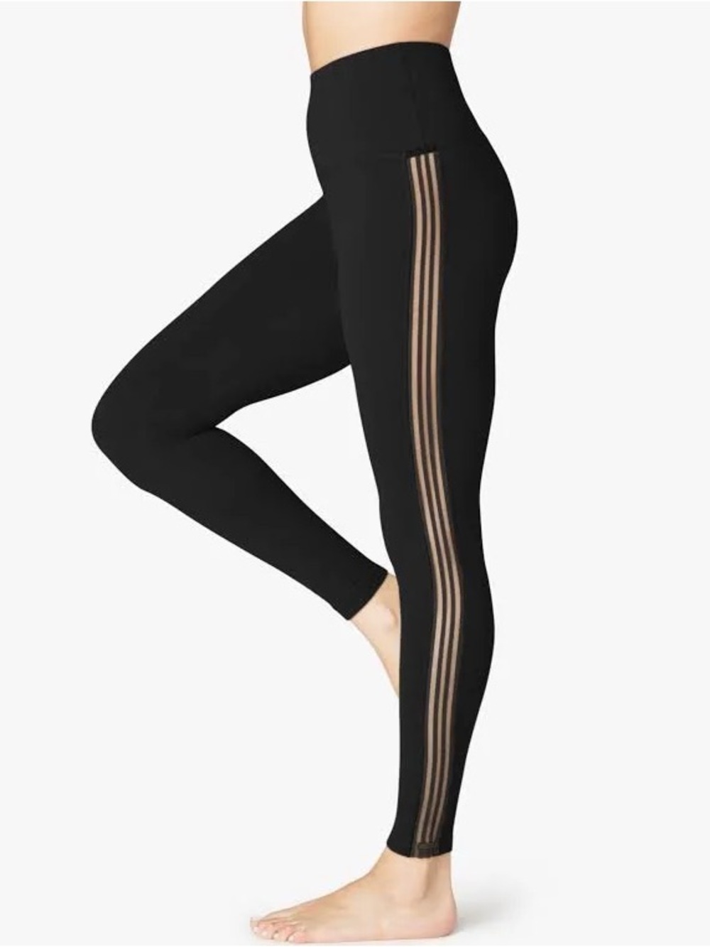 Beyond Yoga High-Waist Black Mesh-Stripe Leggings (Small)
